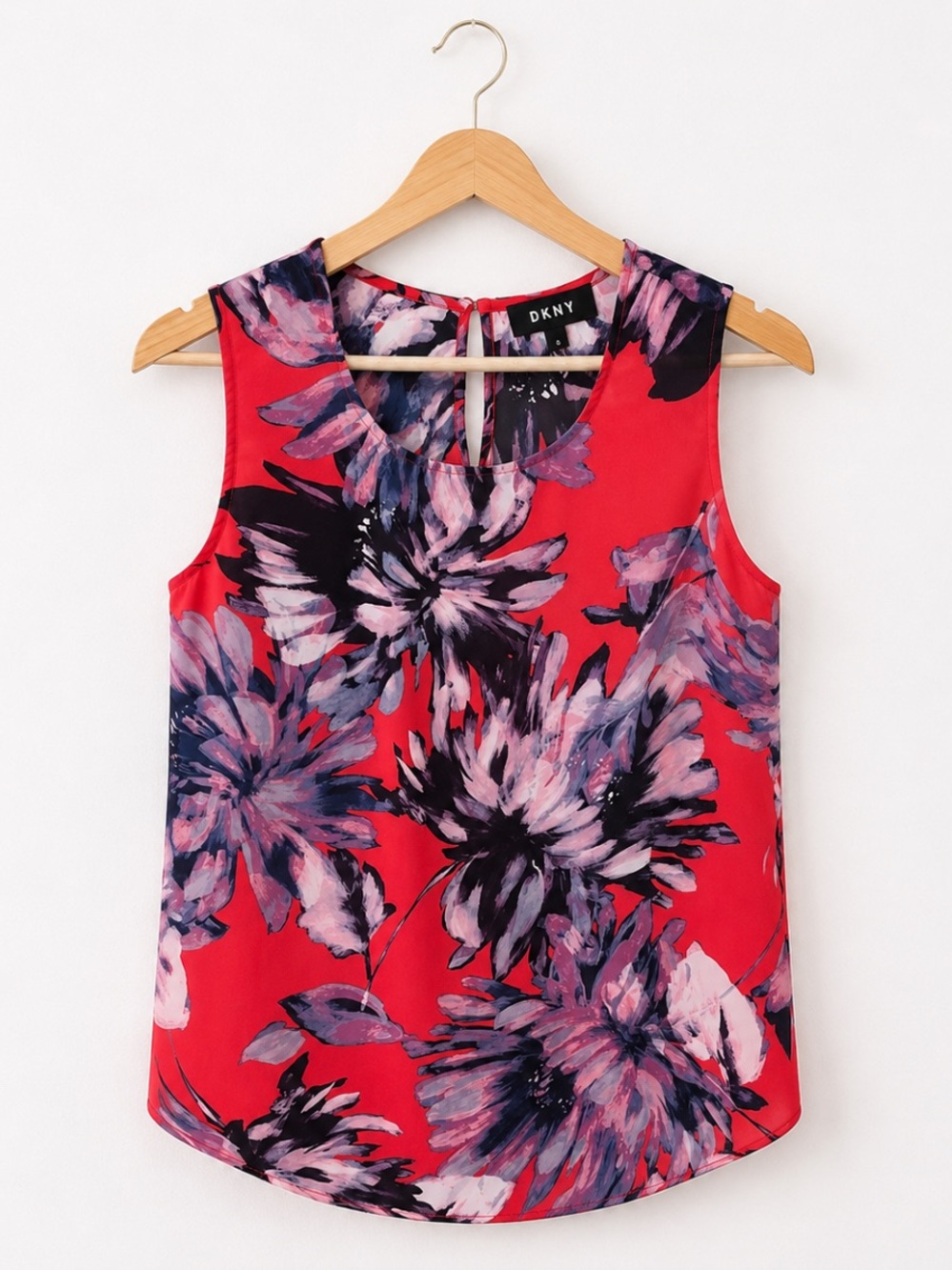 DKNY Floral Sleeveless Blouse Top – Red Pink Navy Watercolor Print Women’s